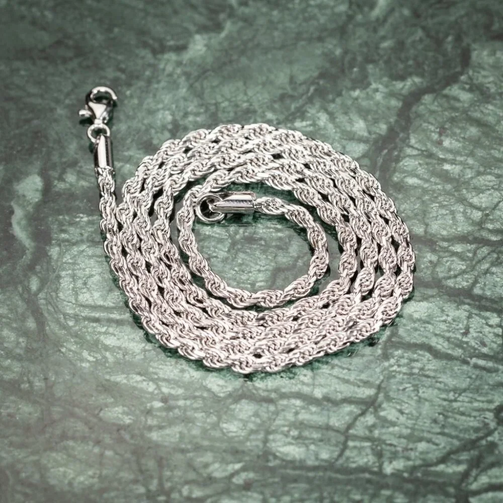 Solid White Gold Plated Heavy 925 Sterling Silver 3MM Twist Rope Chain Necklace - Picture 4 of 5